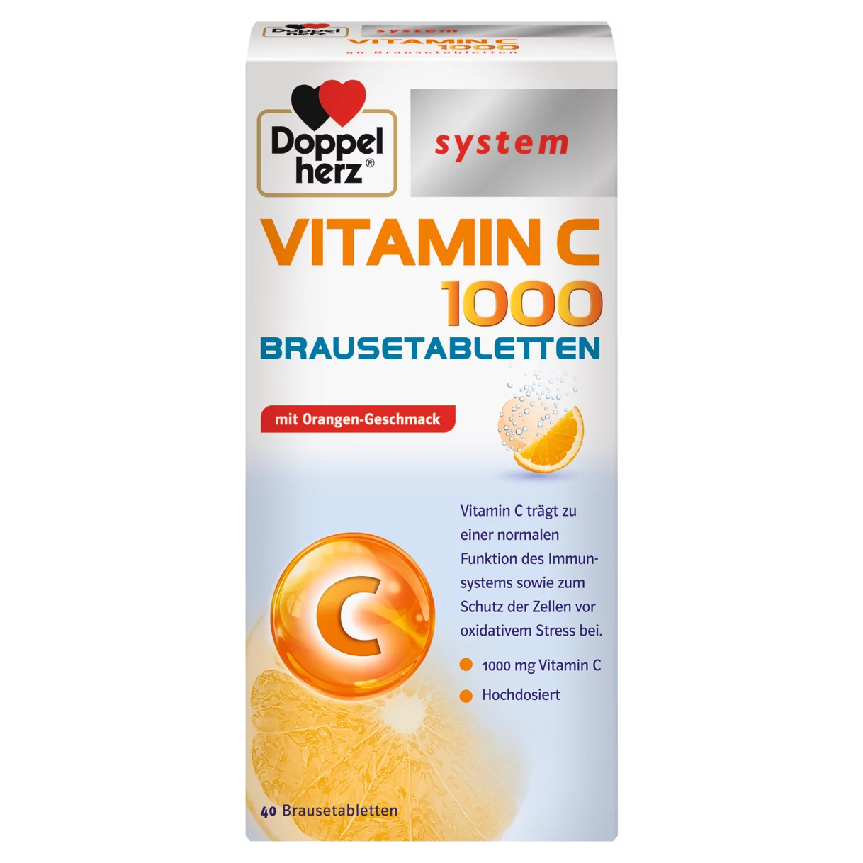 Abbildung der Produktverpackung Doppelherz system VITAMIN C 1000 BRAUSETABLETTEN Frontansicht